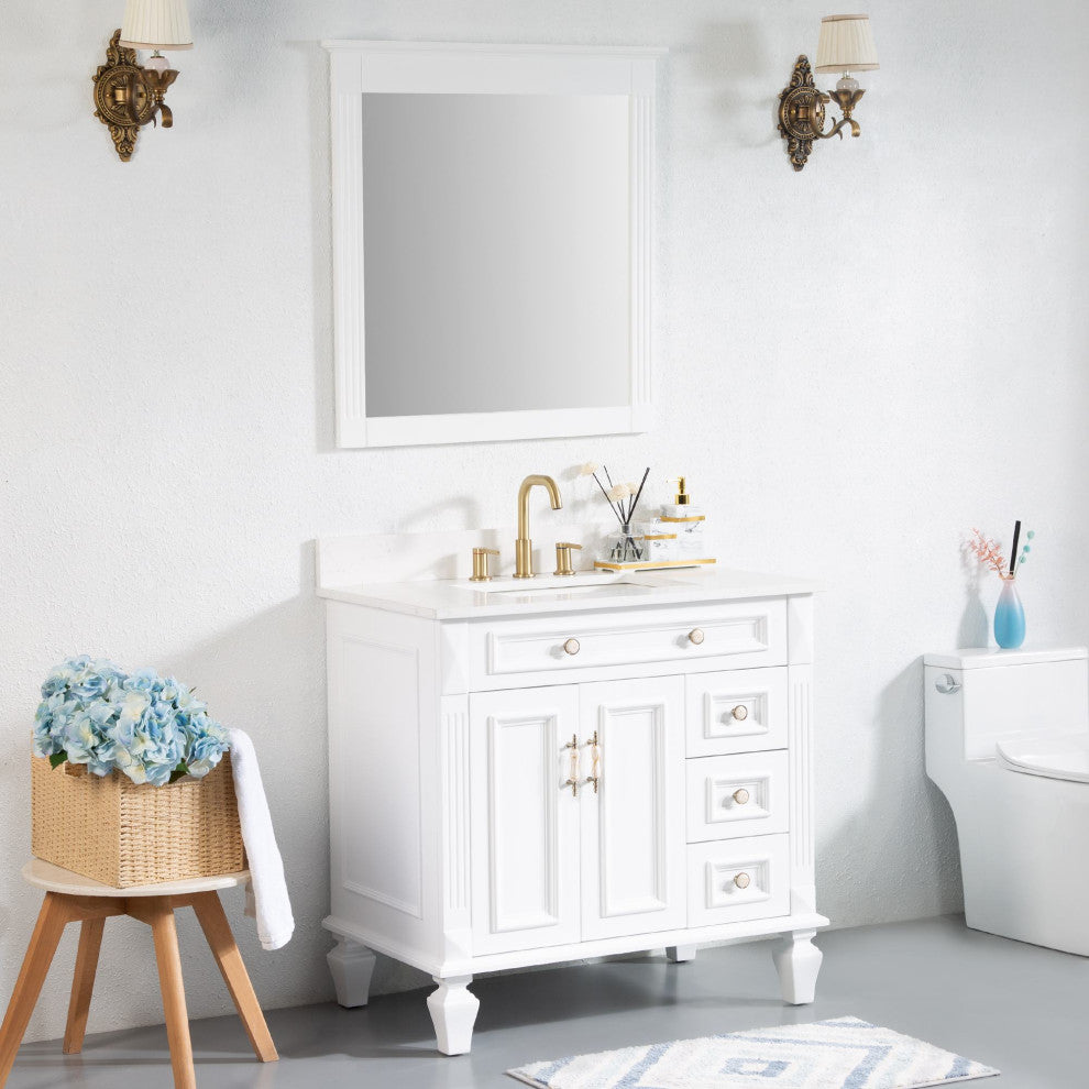 Solid Wood Bathroom Vanity with Quartz Top and cUPC Certified Sink, White, 36 Inch