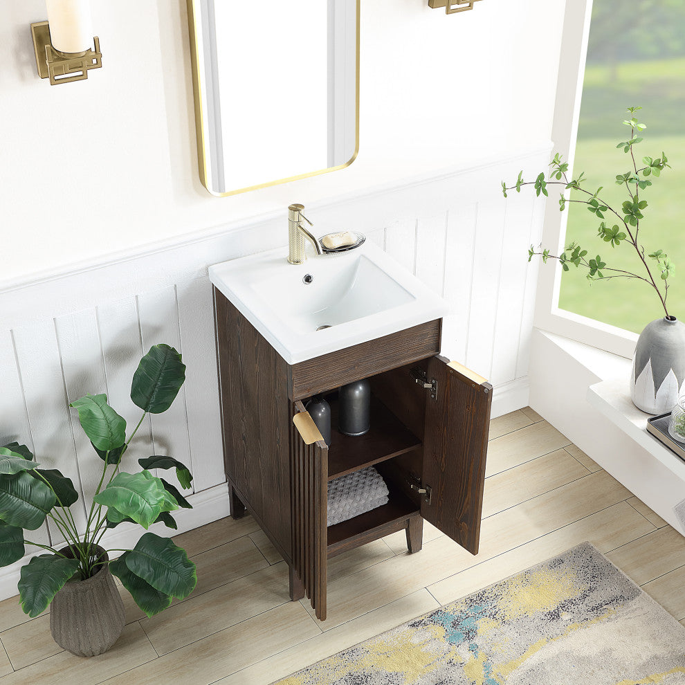 Palos Bathroom Vanity, Spruce Aged Brown, 18", Ceramic Top, With Mirror