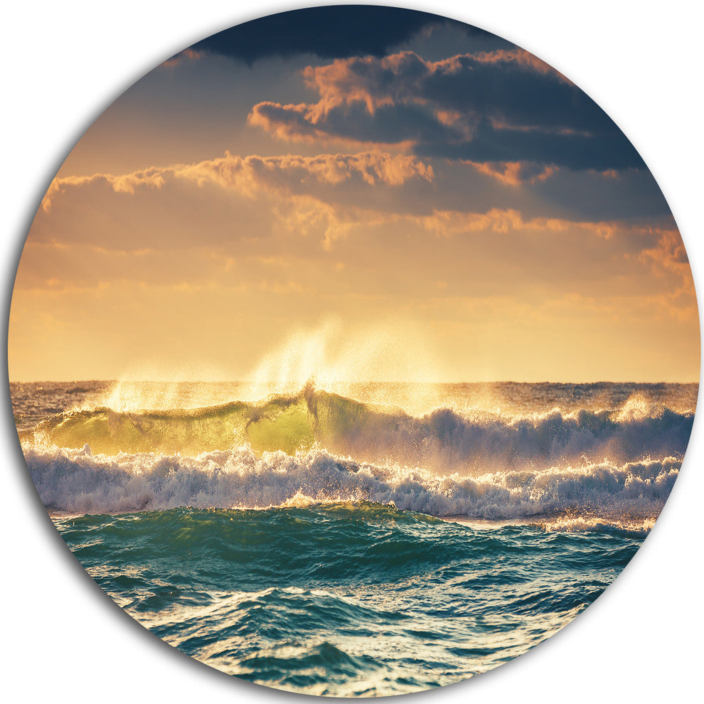 Sunrise And Shining Waves In Ocean, Seashore Disc Metal Wall Art, 11"