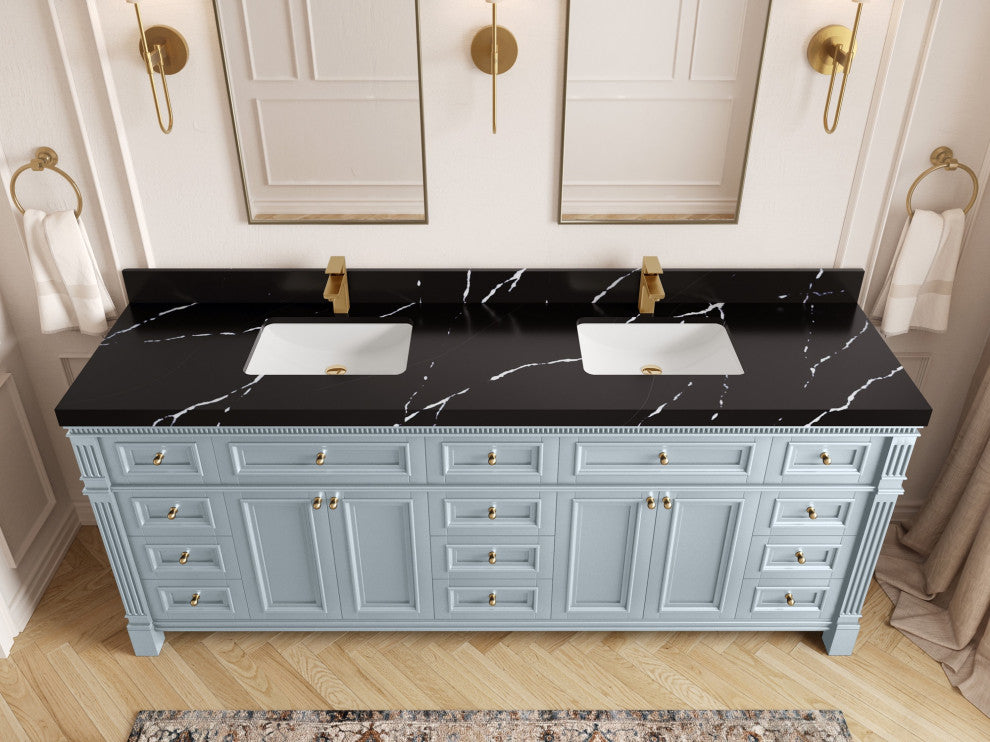 Paris 84" Double Sink Bathroom Vanity, Blue Heather 2" Calacatta Black
