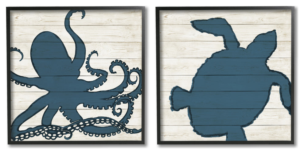 Nautical Blue Silhouette Octopus Sea Turtle Aquatic Animals,17 x 17
