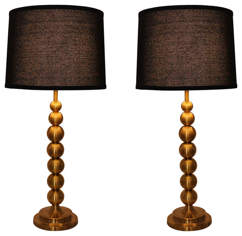 Set of 2 Stacked Ball Table Lamps, Antique Gold With Black Shades