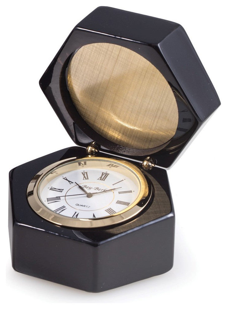 "Stanford", Lacquered "Ebony" Wood Box With Quartz Clock