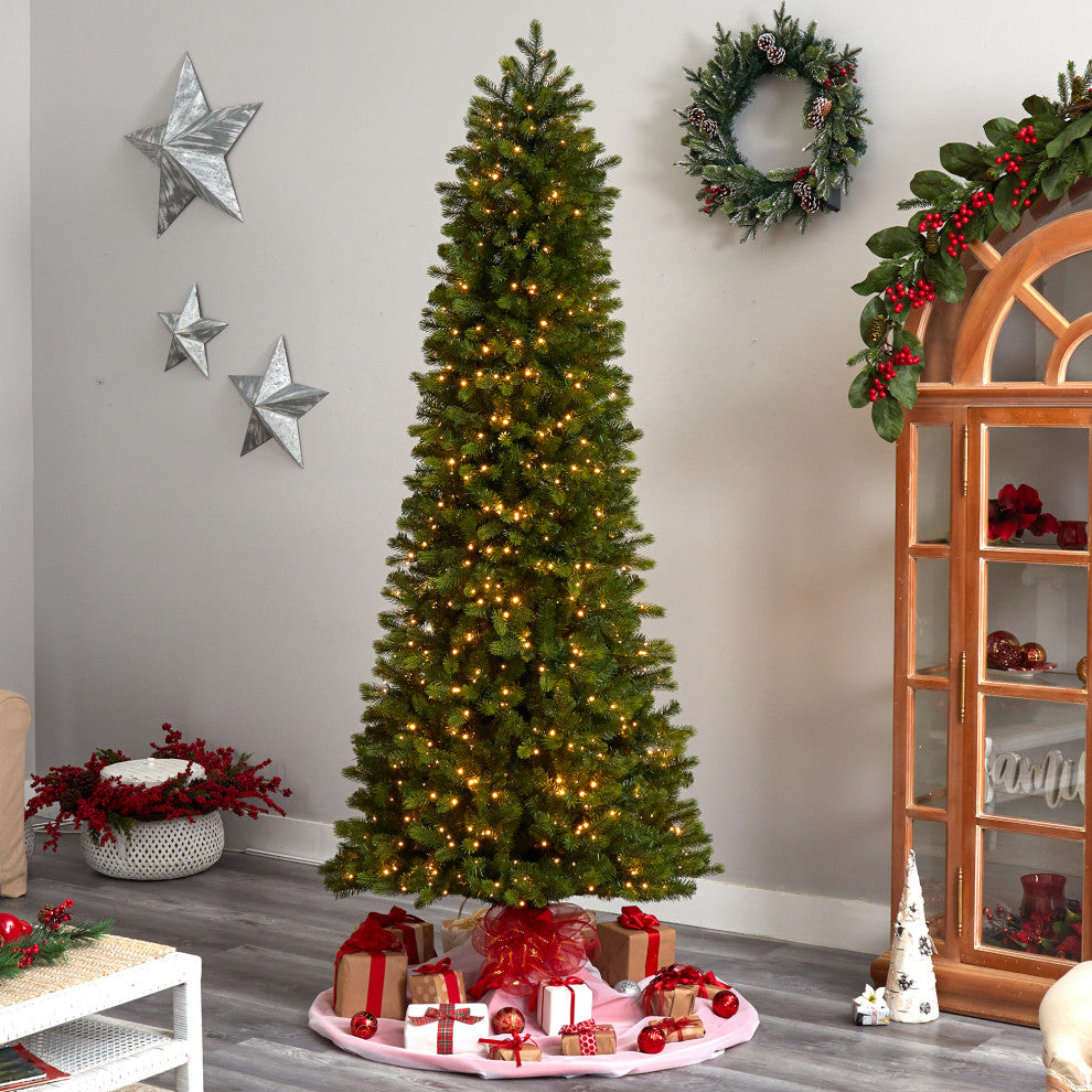 8.5' Slim Colorado Mountain Spruce Faux Xmas Tree W/ Lights & Bendable Branches
