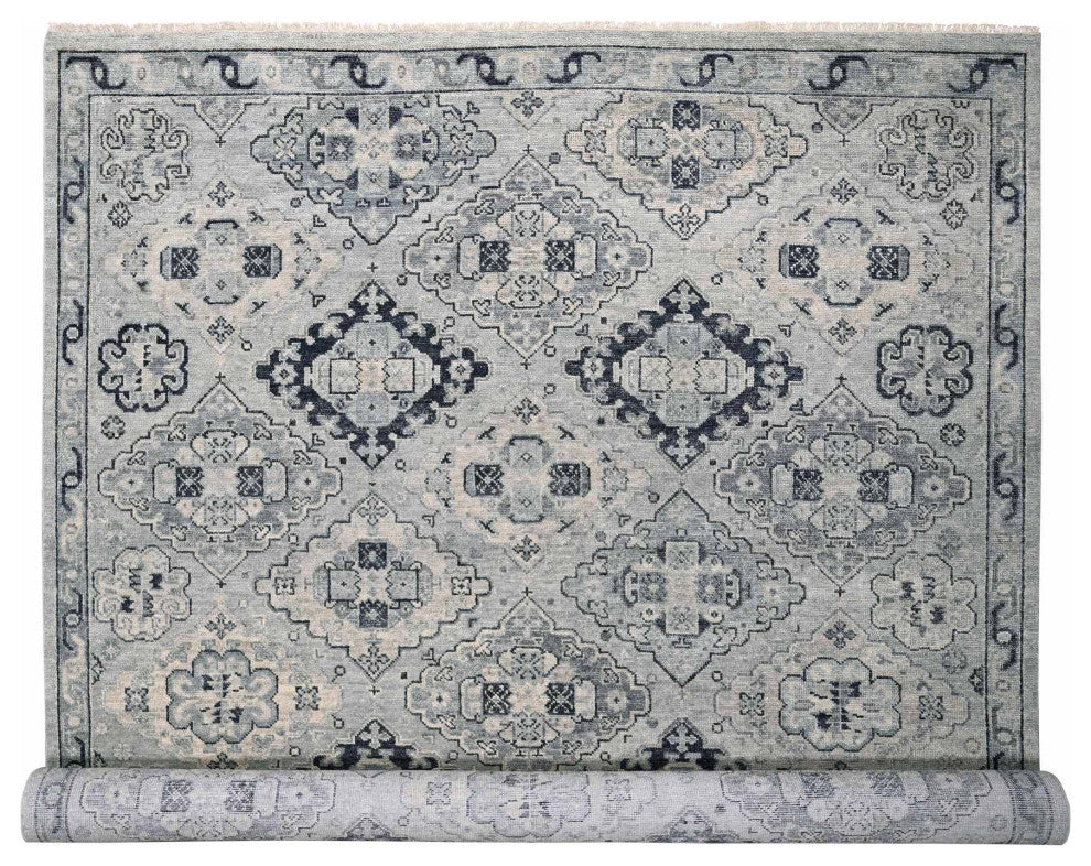 Silver Gray Hand Knotted Anatolian Design Organic Wool Oversized Rug, 12'x17'9"