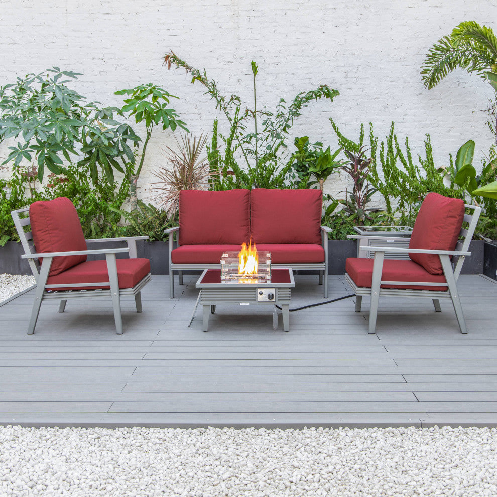 LeisureMod Walbrooke Gray Patio Conversation Set With Fire Pit, Red
