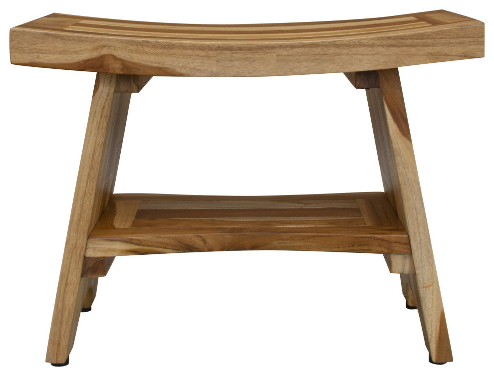 HomeRoots Contemporary Teak Shower Bench With Shelf, Natural Finish