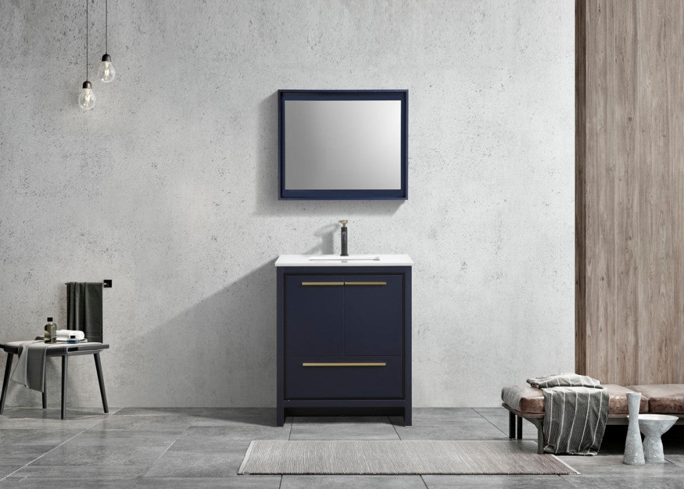 KubeBath Dolce 30" Bathroom Vanity, White Quartz Countertop, Blue