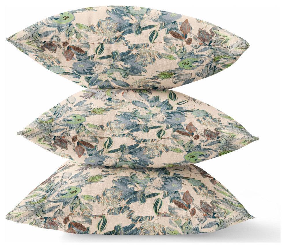 20" Green Brown Florals Indoor Outdoor Zippered Throw Pillow