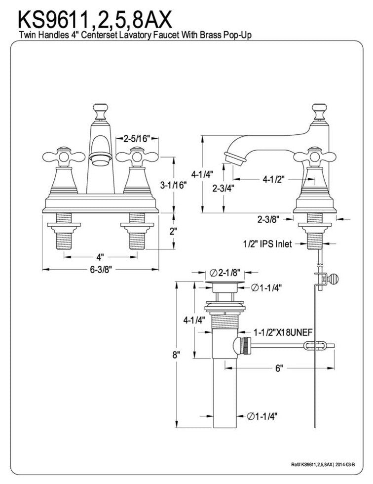 Satin Nickel Two Handle 4" Centerset Lavatory Faucet with Brass Pop-up KS9618AX