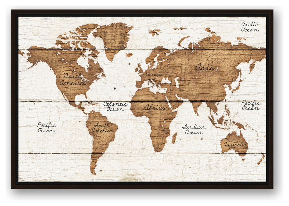 Distressed Wood World Map Walnut Floating Framed Canvas, 20"x30"