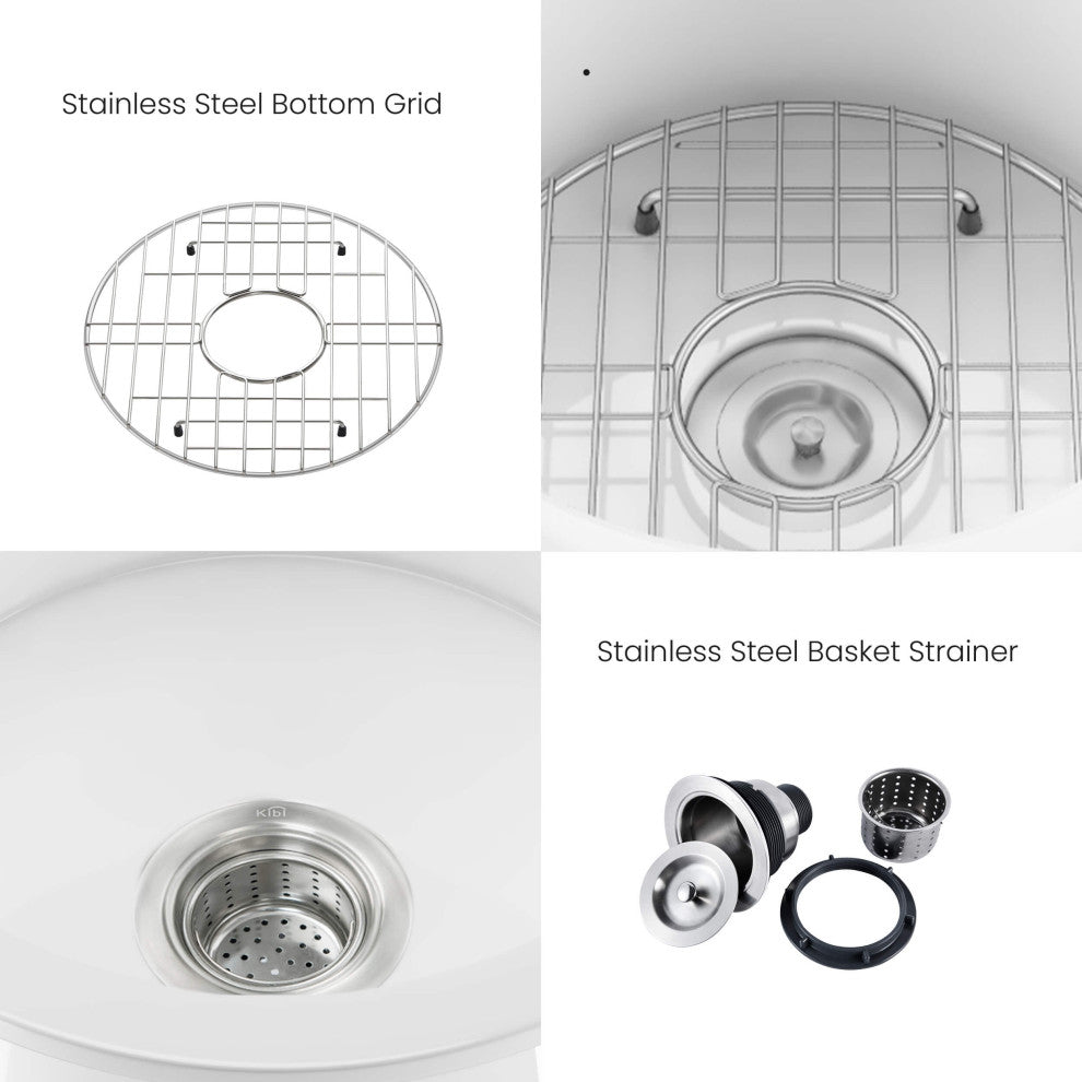 White Fireclay Farmhouse Undermount Kitchen Sink, Bottom Grid and Strain, 19"