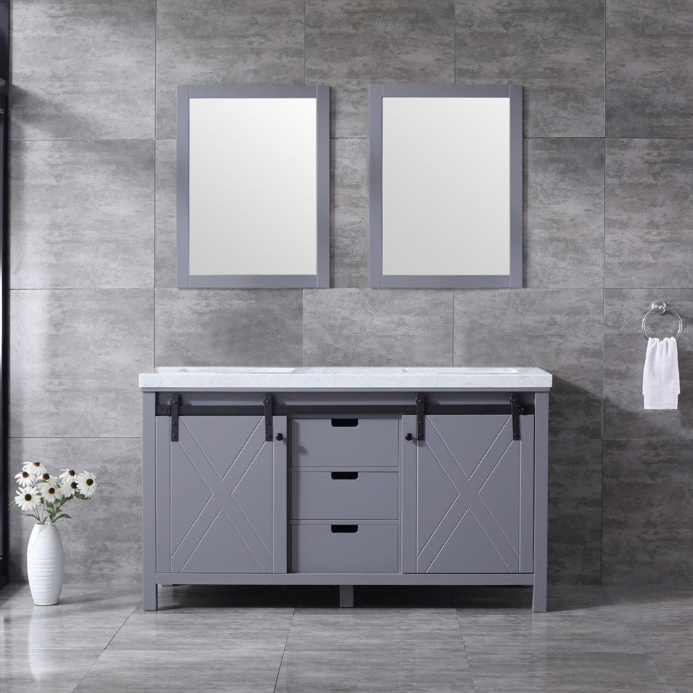 Marsyas 60" Dark Gray Double Vanity Carrara Marble Top Sinks, 24" Wall Mirrors
