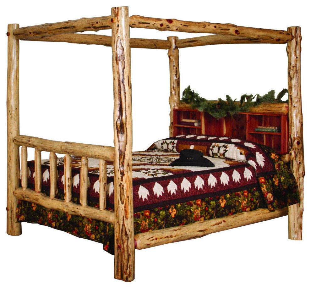 Red Cedar Log Canopy Bookshelf Bed, Full