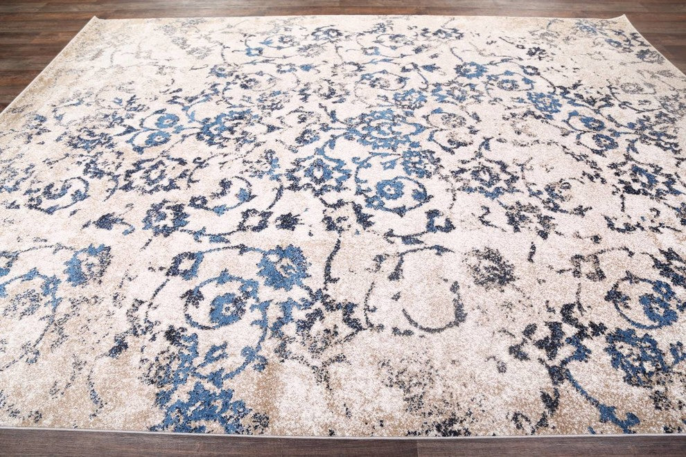 Modern Transitional Floral Oriental Distressed Area Rug, Beige, 8x10''