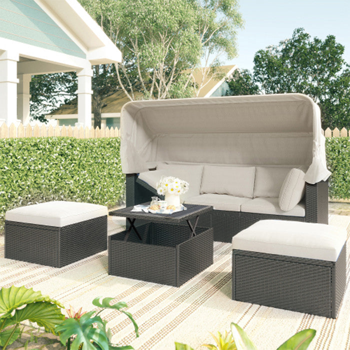 Outdoor Patio Rectangle Daybed With Retractable Canopy Wicker Furniture Sectiona