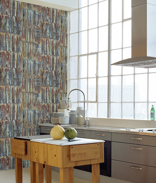 Faux Patina Panels Wallpaper, Blue, Bolt
