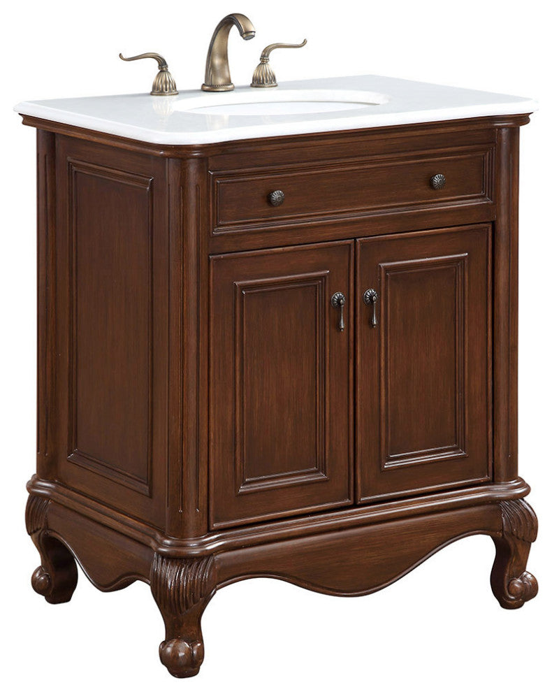 30" Single Bathroom Vanity, Teak Color With Ivory White Quartz