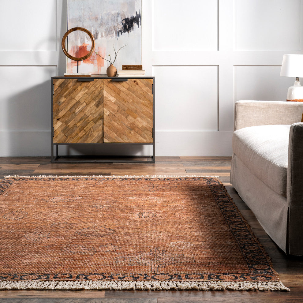 Marigold Vintage Tasseled Area Rug, Dark Brown 10'x14'