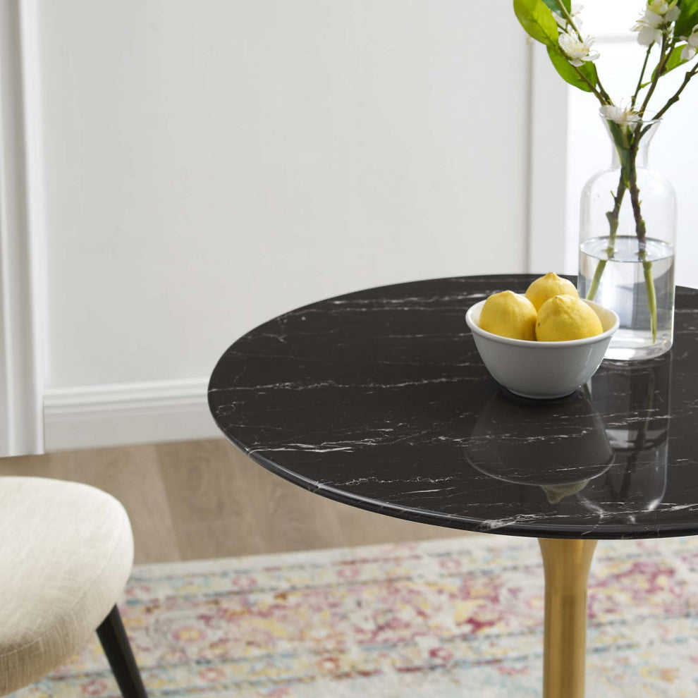Dining Table, Round, Artificial Marble, Metal, Gold Black, Modern, Cafe Bistro