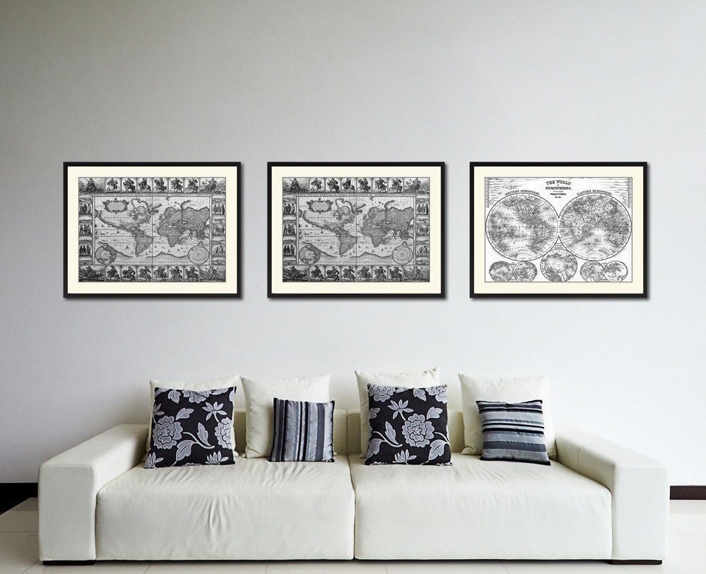 World Vintage Map Print On Canvas With Black Custom Frame, 28" X 37"
