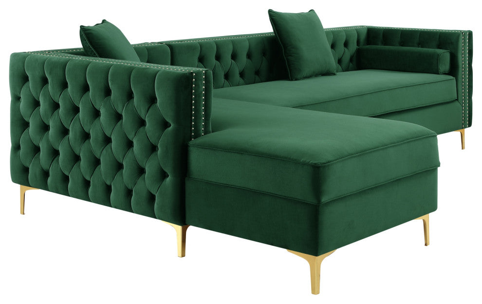 Jeannie Velvet Tufted With Nailhead Trim Sectional, Hunter Green, Left Facing