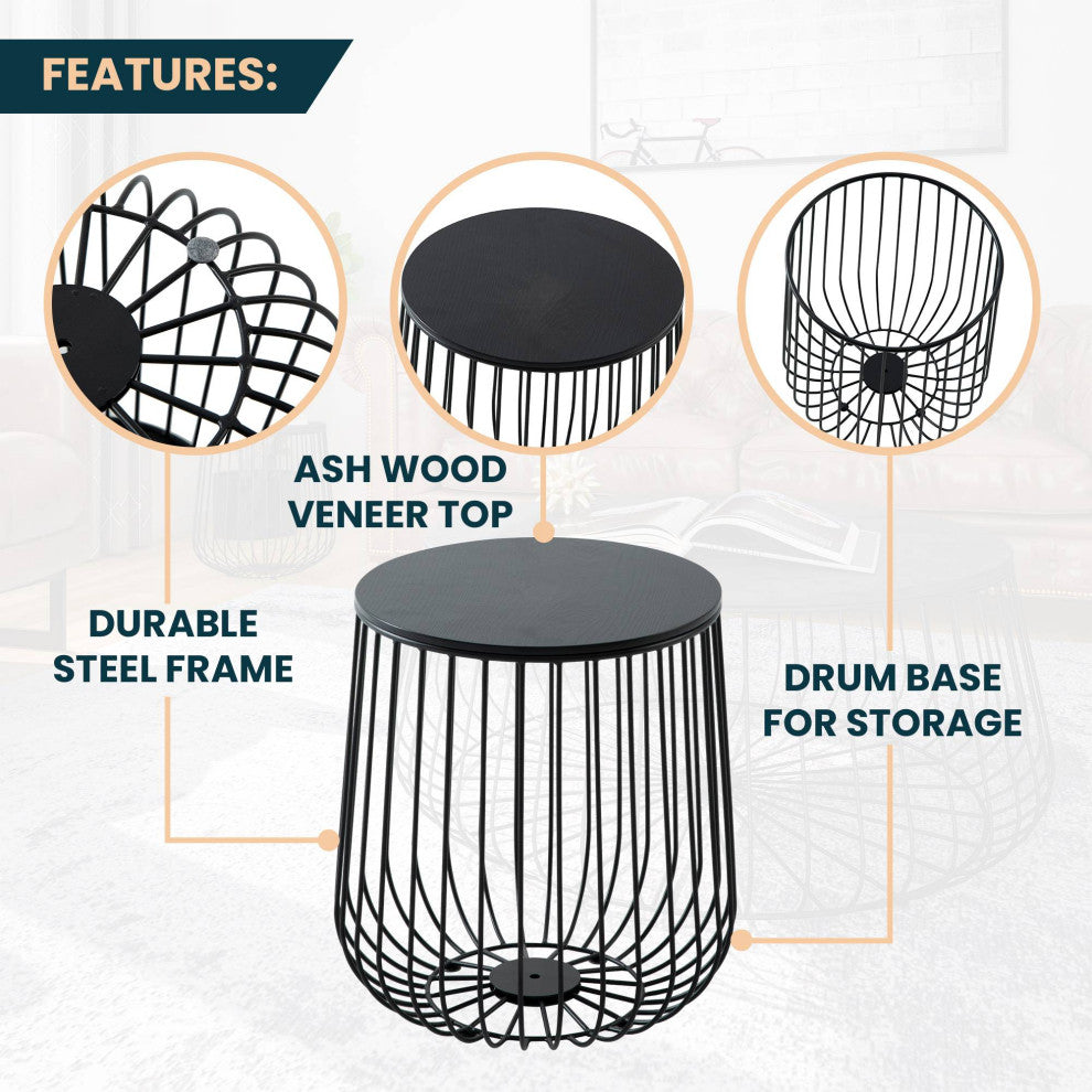 LeisureMod Runswick Modern Wood Top End Table With Metal Base, Black