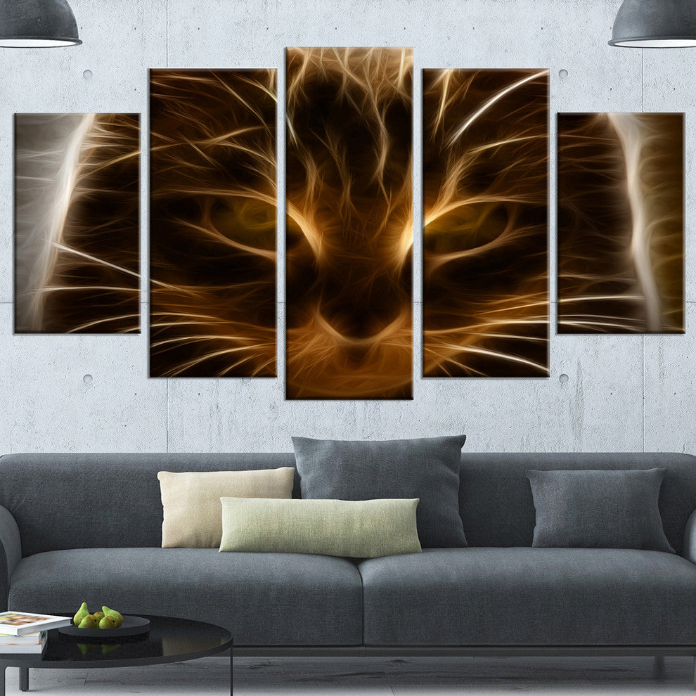 Glowing Fractal Cat Illustration, Animal Canvas Wall Art, 60"x32", 5 Panels