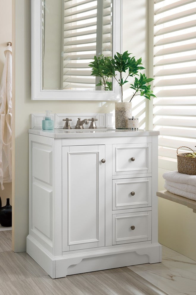 De Soto 30" Single Vanity, Bright White, 3CM Arctic Fall Solid Surface Top