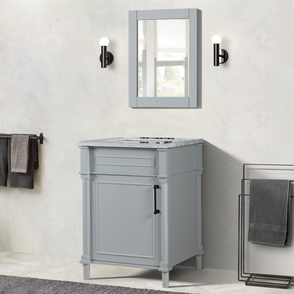 24" Single Vanity, Light Gray With White Carrara Marble Top