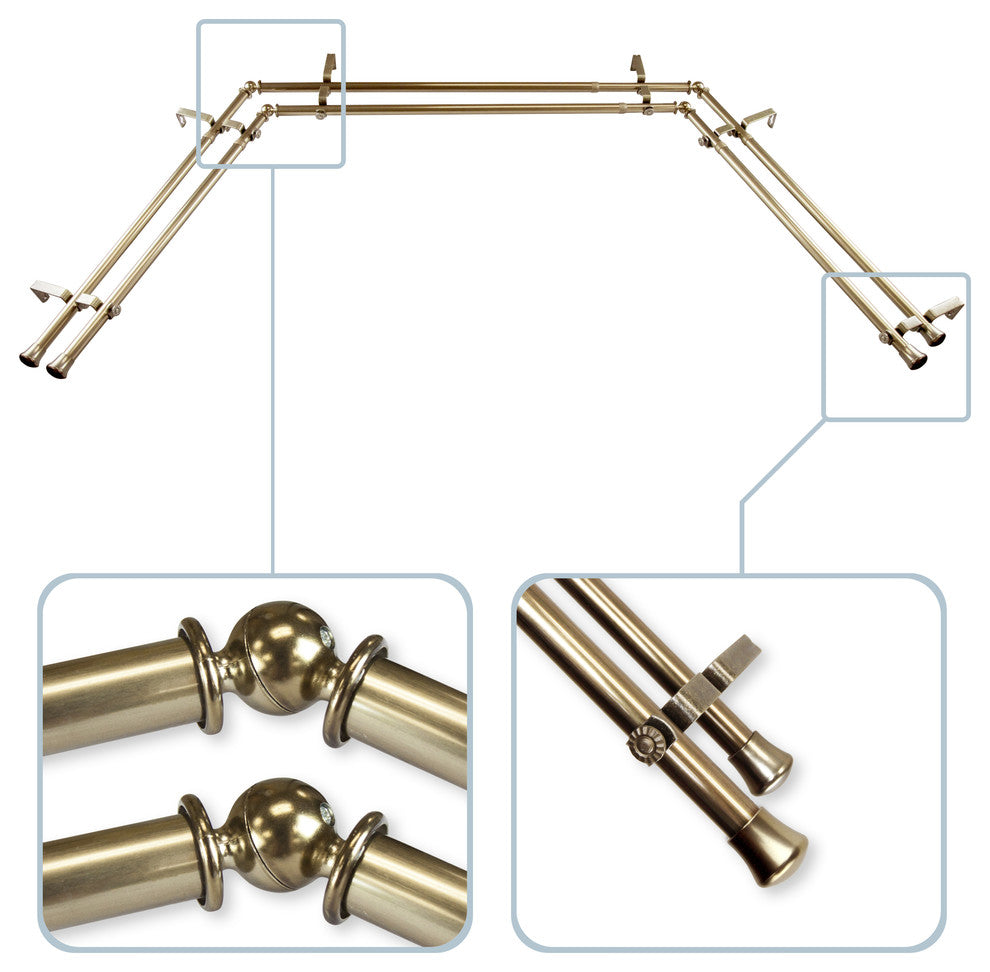 Bay Window Double Curtain Rod,  Antique Brass