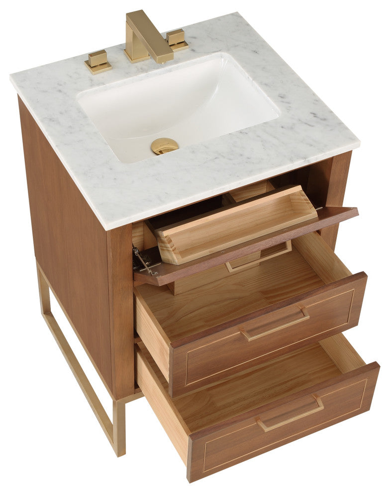 Markham 24" Single Bathroom Vanity Set, Walnut/Satin Brass, Marble Countertop