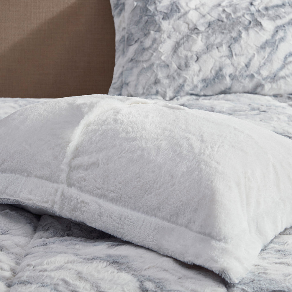 Madison Park Lana Long Faux Fur Marble Grey Comforter Mini Set, King