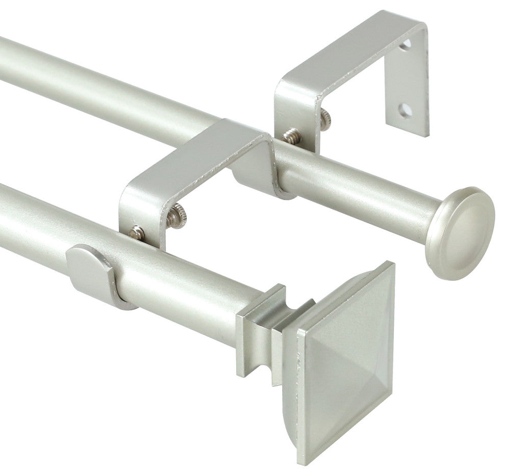 Square Urn Adjustable Double Curtain Rod Set, 5/8", Pewter, 48"-84"