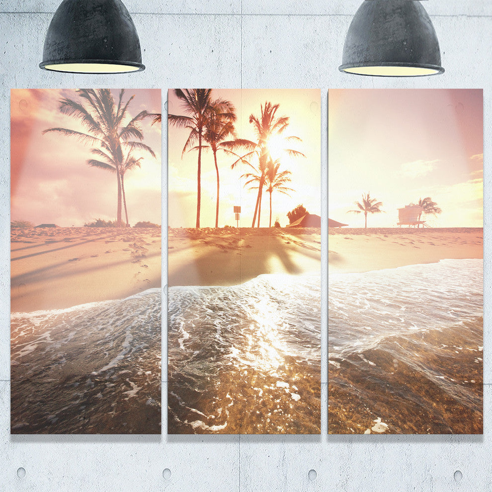 "Colorful Tropical Beach With Palms" Beach Metal Wall Art, 3 Panels, 36"x28"