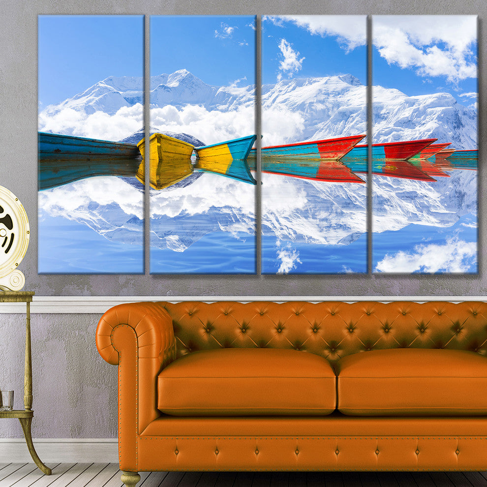 Moving Colorful Boats in Lake, Boat Canvas Art Print, 48"x28", 4 Panels