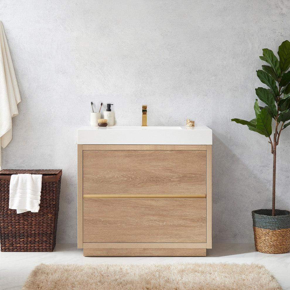 Huesca Bath Vanity, Integrated Sink Top, North American Oak, 36", Without Mirror