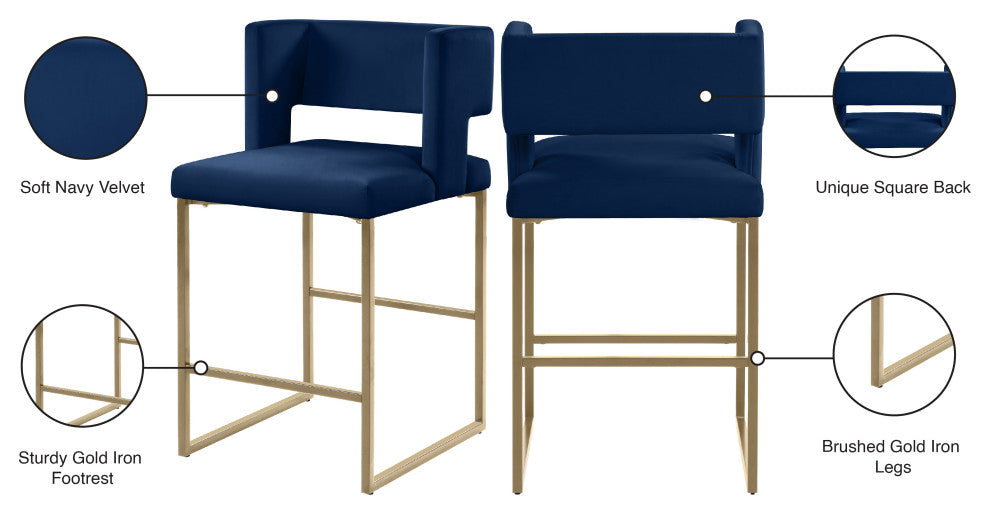 Caleb Upholstered Counter Stool, Set of 2, Navy, Velvet, Brushed Gold