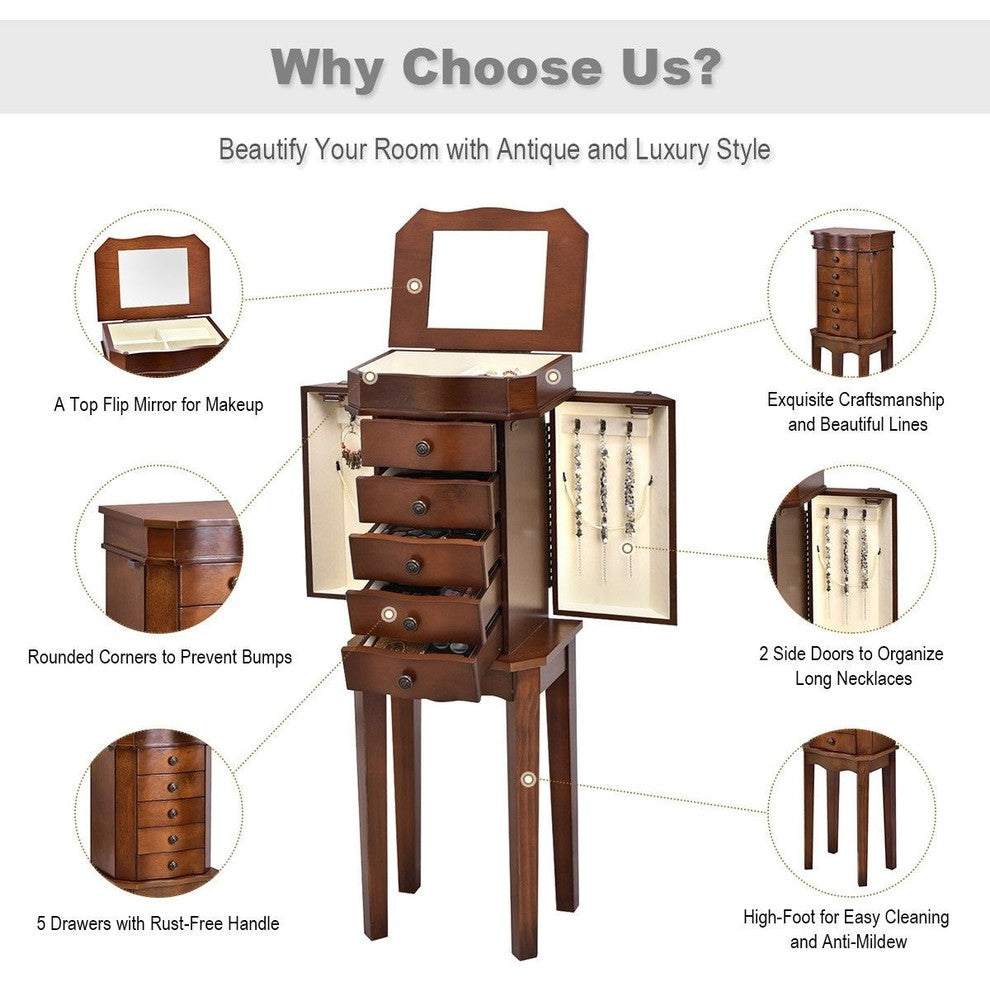 Armoire Storage Jewelry Cabinet With 5 Drawers and Mirror