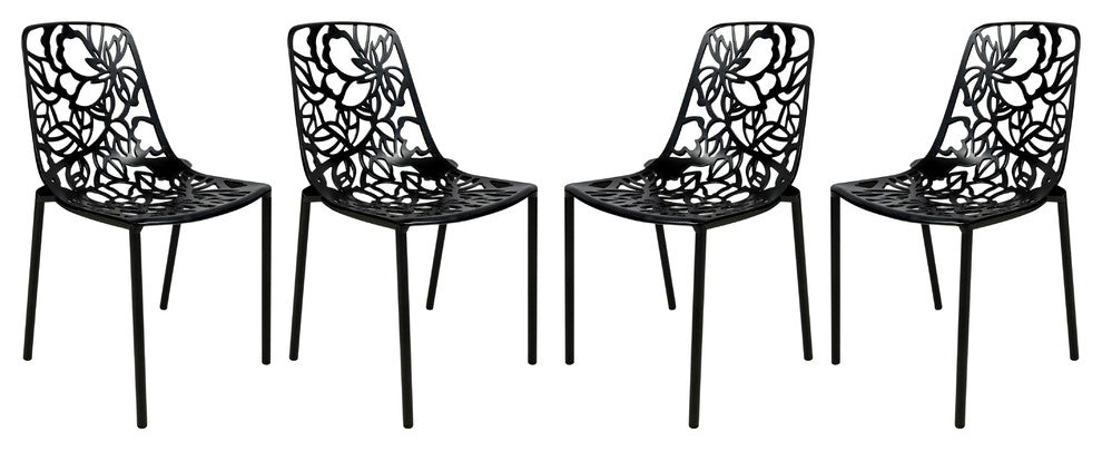 LeisureMod Devon Modern Outdoor Stackable Aluminum Dining Chair, Set of 4, Black