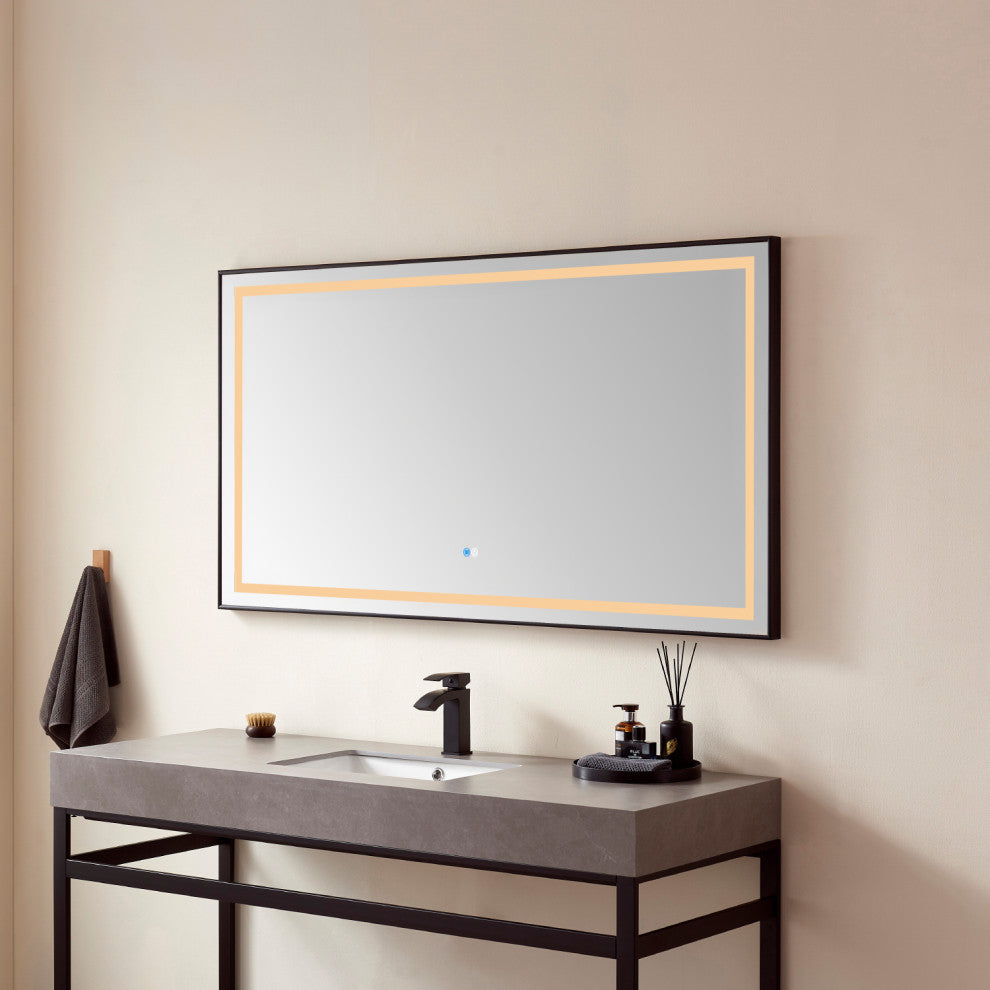 Horizontal Rectangular LED Wall Mount Bathroom Mirror, Black, 60"