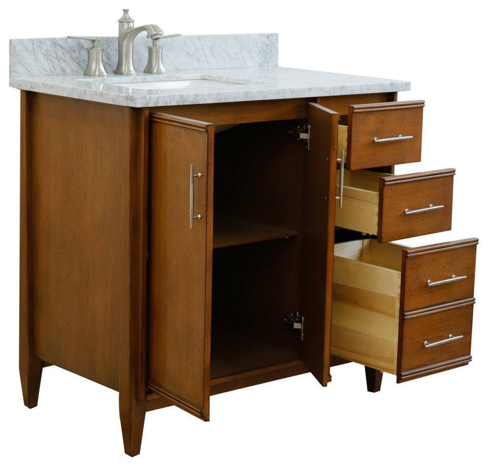 37" Single Vanity, Walnut Finish With White Carrara