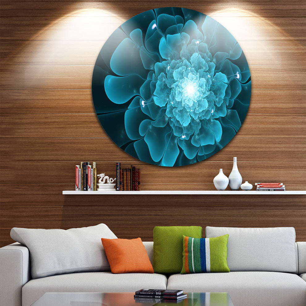 Fractal Flower Clear Blue Digital Art, Floral Disc Metal Wall Art, 23"