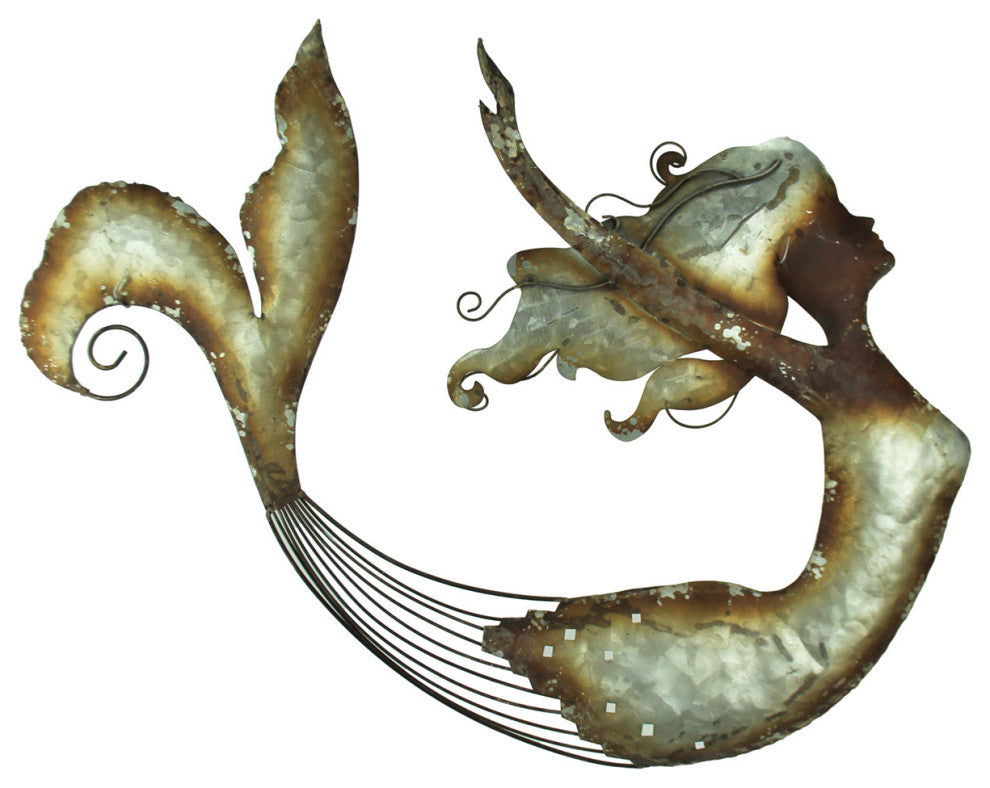 Distressed Metal Art Swimming Mermaid Wall Sculpture