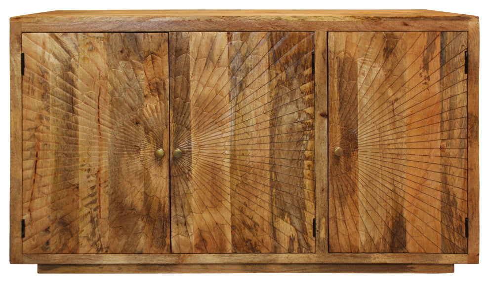 Moti Sunbright 3 Hand Carved Doors Mid-Century Solid Wood Sideboard, Natural