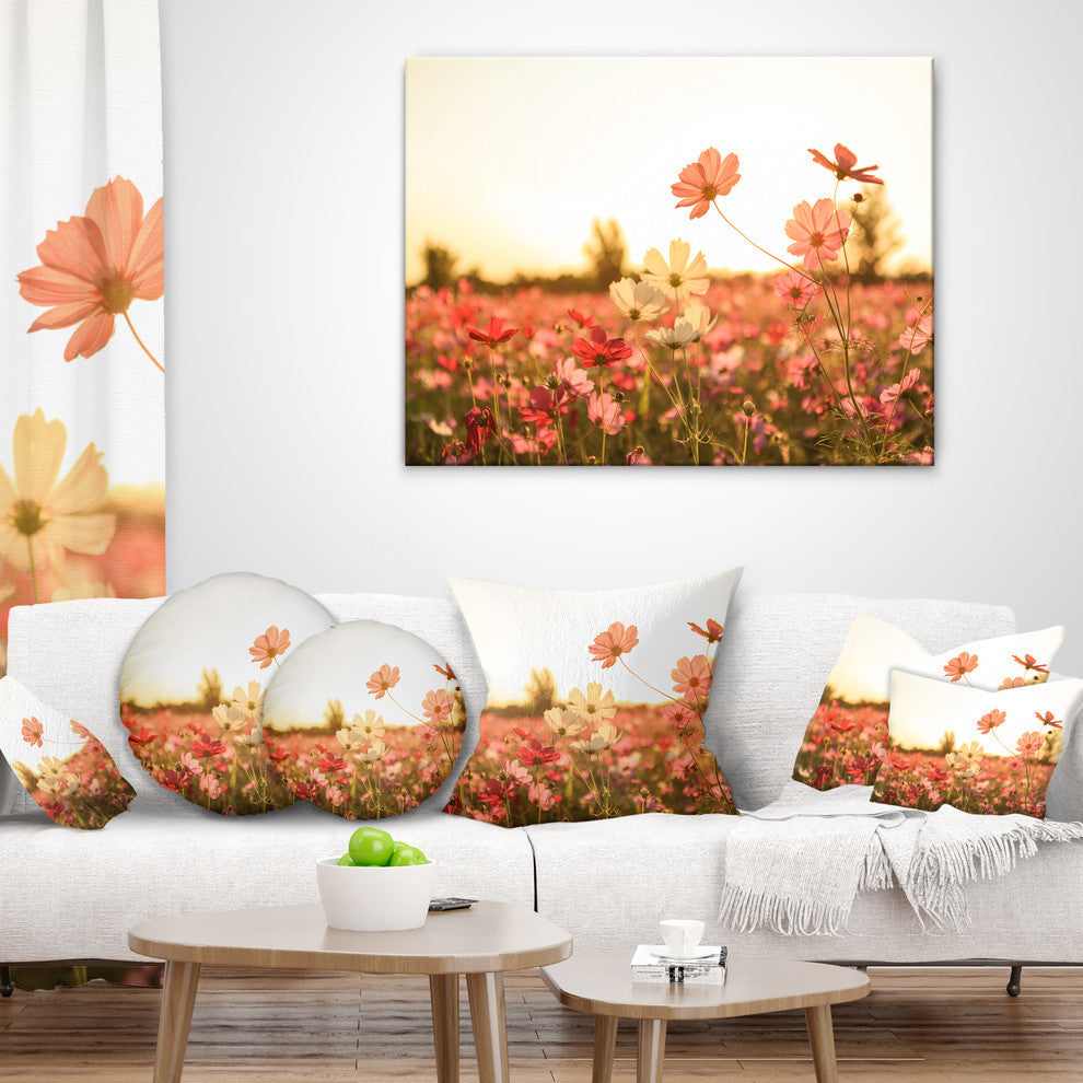 Cosmos Flowers On Sunset Background Floral Throw Pillow, 16"x16"