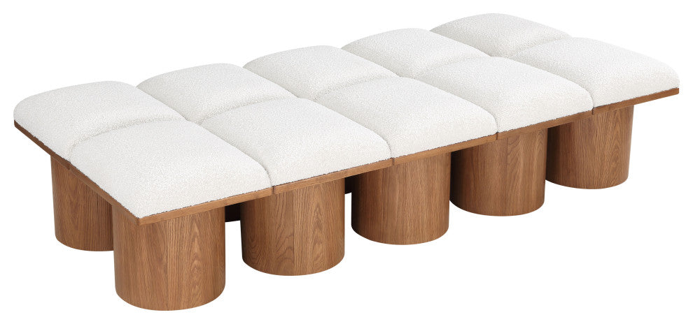 Pavilion Boucle Fabric Upholstered 10-Piece Modular Bench, Cream, Walnut Finish