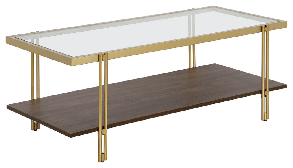 45" Brown And Gold Glass And Steel Coffee Table With Shelf