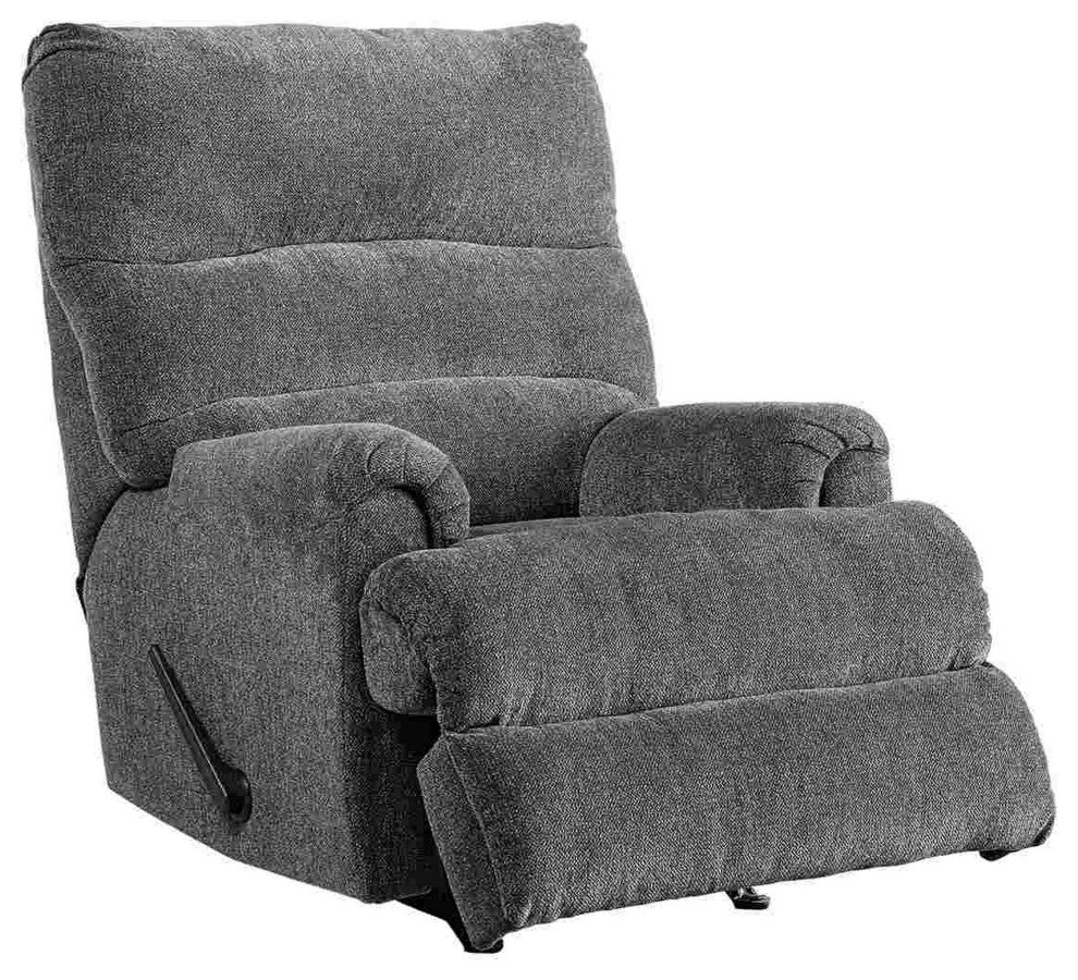 Benzara BM262369 Manual Rocker Recliner With Fabric and Pull Lever, Gray