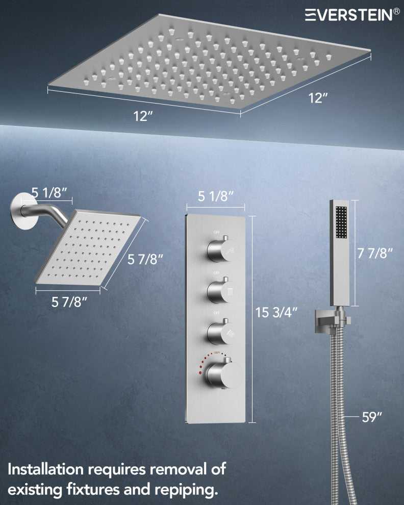 LED Dual Heads 12" Rain Shower System With Thermostatic 3-Way Faucet, Brushed Nickel